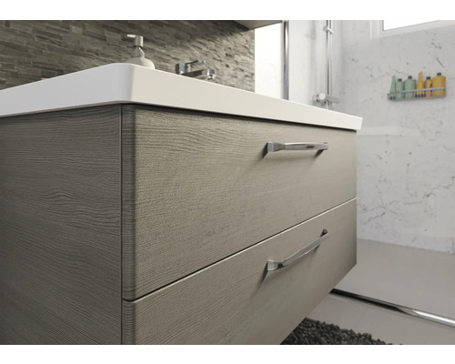 Badezimmerschrank mit Schubladen und Holzstruktur