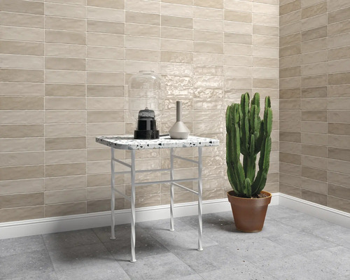 Beige, rechteckige Wandfliesen in einem modern gestalteten Raum mit kleinem Beistelltisch und Kaktus.