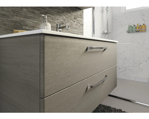 Badezimmermöbel mit Schubladen und Holzstruktur