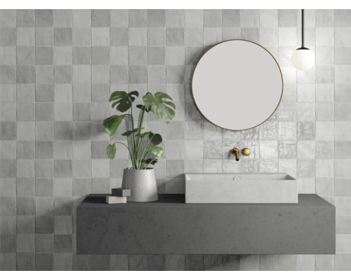 Salle de bains avec lavabo, miroir, plante et carrelage