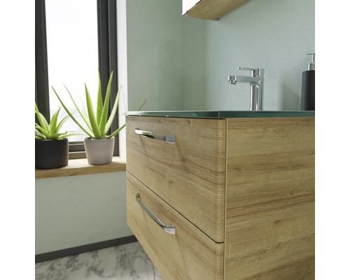 Vue détaillée d''une salle de bains avec un meuble sous-lavabo en bois, deux tiroirs et un lavabo en verre