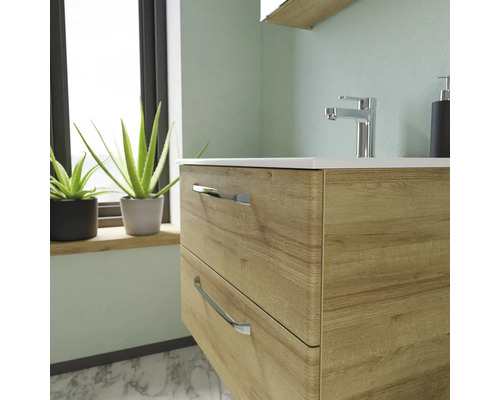 Waschtischunterschrank mit zwei Schubladen und Armatur im Badezimmer.