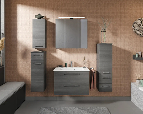 Badezimmer-Set mit Waschbeckenunterschrank, Spiegelschrank und Hochschränken im modernen Design