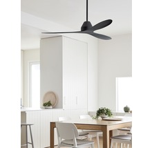Pièce lumineuse avec ventilateur de plafond, table à manger et chaises