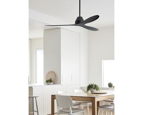 Pièce lumineuse avec ventilateur de plafond, table à manger et chaises