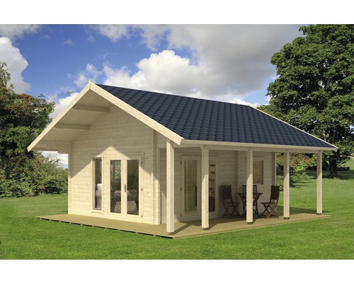 Wochenendhaus Missouri inkl. Schlafboden und Fussboden 705 x 720 cm natur Holzgartenhaus mit überdachter Terrasse und Giebeldach