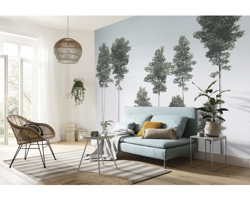 Salon avec canapé, fauteuil, lampe et papier peint photo