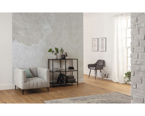 Salon avec fauteuil, étagère et décoration murale