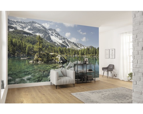 Salon avec papier peint photo d''un lac de montagne