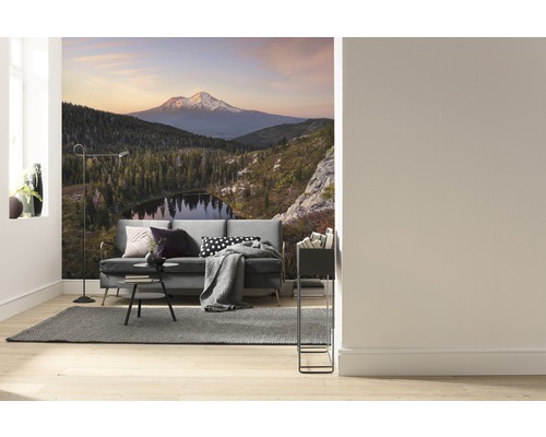 Intérieur avec papier peint photo paysage de montagne, canapé, tapis et lampadaire