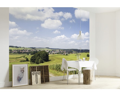 Papier peint photo avec motif de paysage dans une salle à manger lumineuse