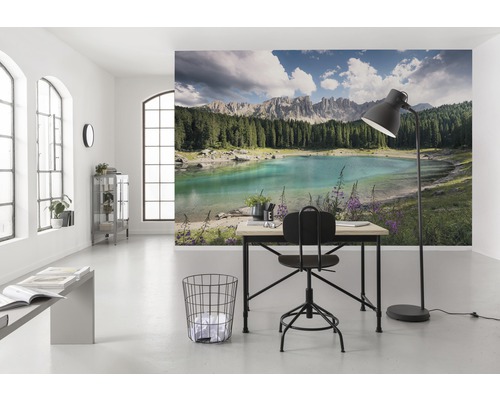 Pièce lumineuse avec un papier peint photo représentant un lac et des montagnes, bureau et chaise