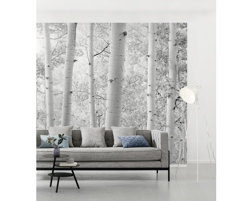 Salon avec papier peint photo forêt de bouleaux, canapé, lampadaire et table