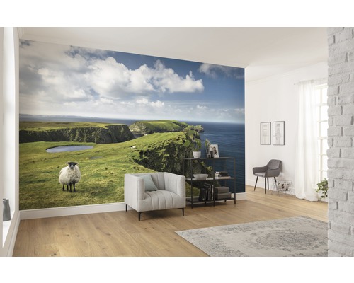 Pièce à vivre avec papier peint photo d''un paysage côtier avec un mouton