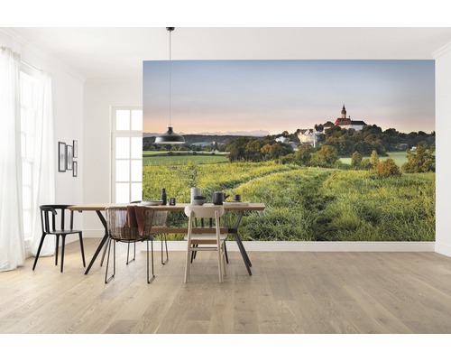 Salle à manger lumineuse avec un papier peint photo représentant un paysage verdoyant et un bâtiment.