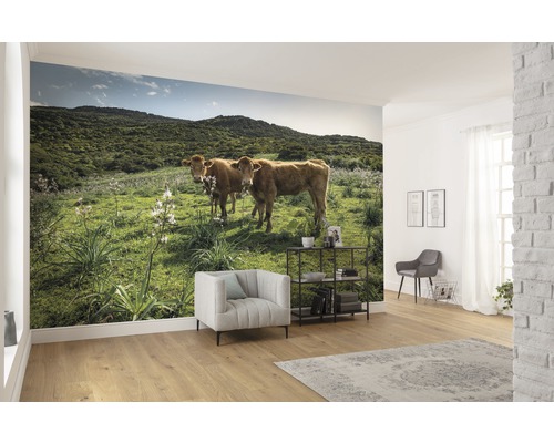 Espace de vie avec papier peint photo représentant des vaches dans un pré devant une colline boisée