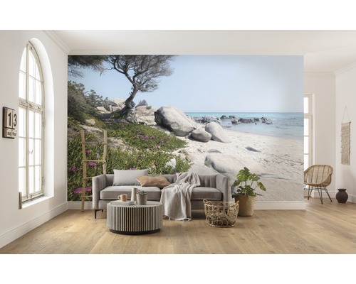 Salon avec papier peint photo d''un paysage côtier rocheux