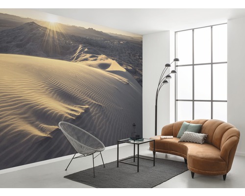 Salon avec papier peint photo désert, fauteuil, canapé et lampadaire