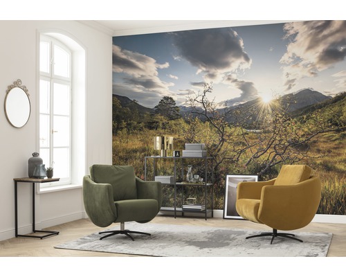 Salon avec papier peint paysage, fauteuils, table d''appoint et étagère