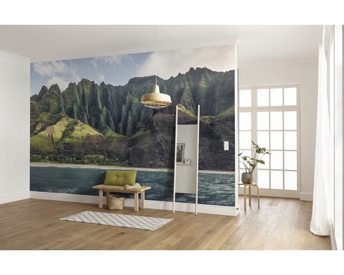 Salon avec papier peint à motif de montagne, banc, étagère échelle et parquet