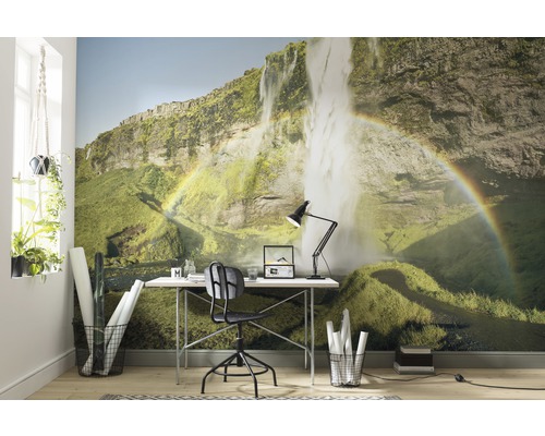 Espace de vie avec papier peint photo représentant une cascade et un arc-en-ciel, plus un bureau et des meubles de bureau.