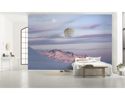 Espace de vie avec papier peint photo paysage de montagne en hiver