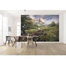 Salle à manger avec papier peint photo d''un paysage de montagne, table et chaises