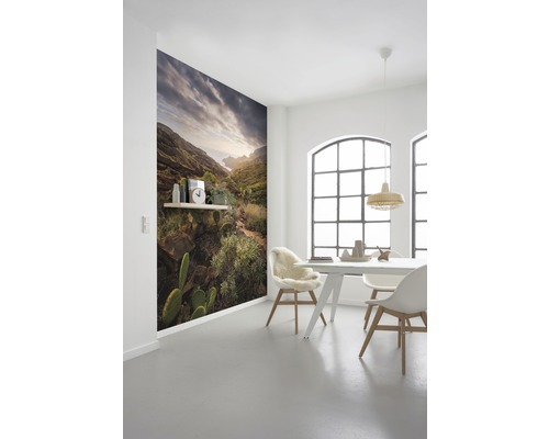 Salle à manger avec papier peint photo d''un paysage de montagne avec des cactus