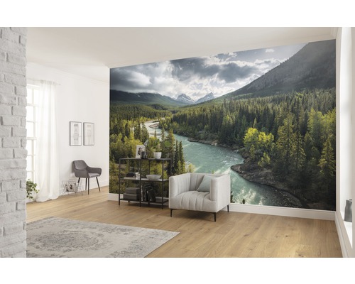 Espace de vie avec papier peint photo d''un paysage fluvial avec montagnes et arbres