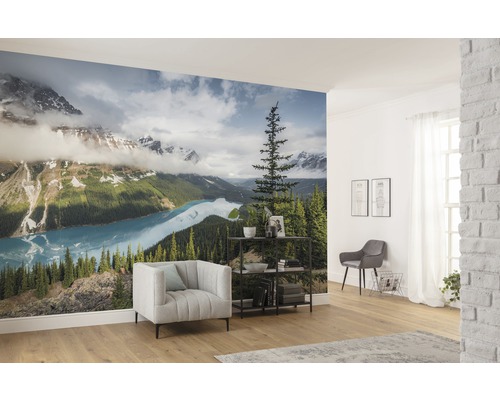 Espace de vie avec papier peint photo représentant un paysage de montagne, un lac et des arbres