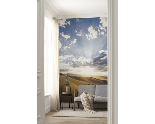 Salon avec papier peint photo représentant un paysage désertique avec ciel et nuages