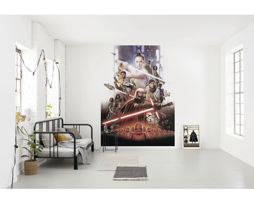 Salon moderne avec une peinture murale Star Wars et un mobilier minimaliste