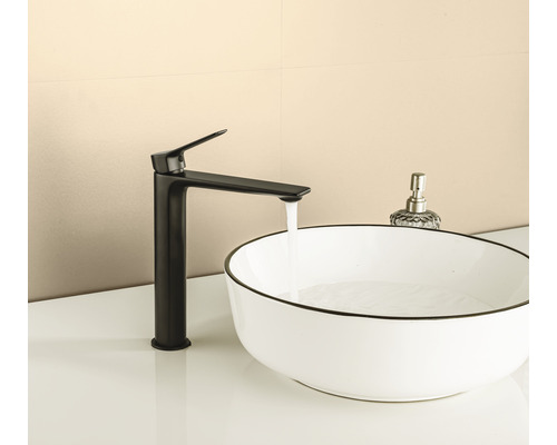 Salle de bain moderne avec vasque à poser et robinet noir