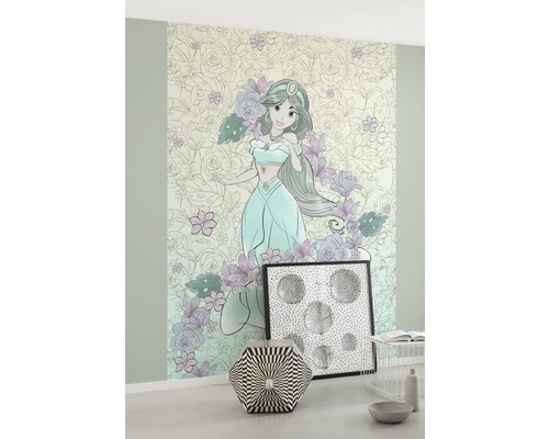Chambre avec papier peint photo Disney Princess Jasmine avec motif floral.