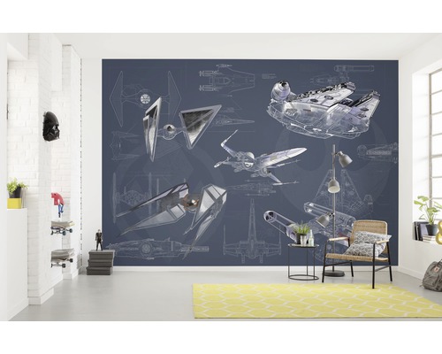 Papier peint panoramique intissé DX8-077 Disney Edition 4 Star Wars Blueprint Dark 8 pces 400 x 280 cm Chambre avec papier peint photo Star Wars avec motifs de vaisseaux spatiaux.