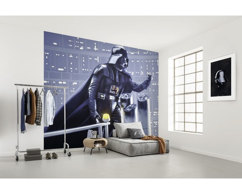 Papier peint panoramique intissé DX6-071 Disney Edition 4 Star Wars Classic Dark Side 6 pces 300 x 250 cm Pièce lumineuse avec une peinture murale de Darth Vader, un portant à vêtements et un canapé