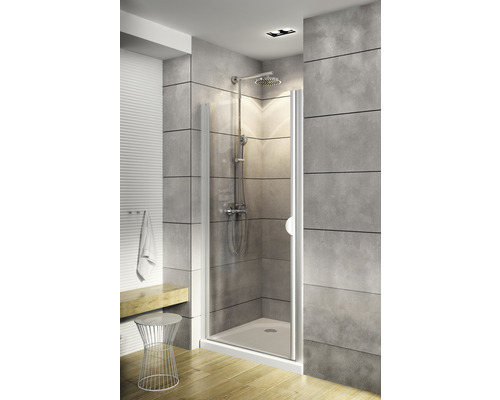 Porte pivotante Schulte Lugano 900 mm verre véritable transparent clair blanc alpin