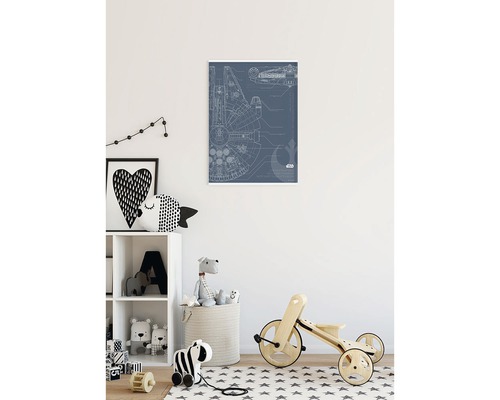 Dekoratives Wandbild mit Star Wars Millennium Falcon Bauplan im Kinderzimmer