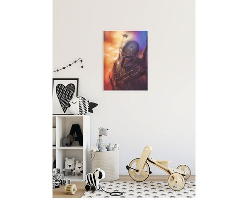 Chambre d''enfant lumineuse avec tableau mural Star Wars, étagère à jouets et tricycle en bois