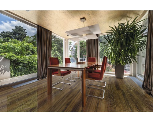 Salle à manger avec table à manger, chaises, plante d''intérieur et grande fenêtre