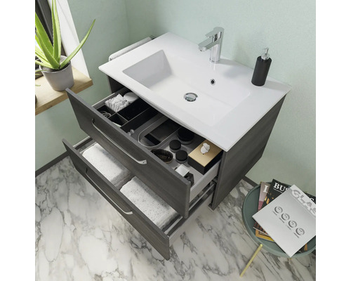 Meuble sous-lavabo avec système de tiroirs ouverts pour salle de bains