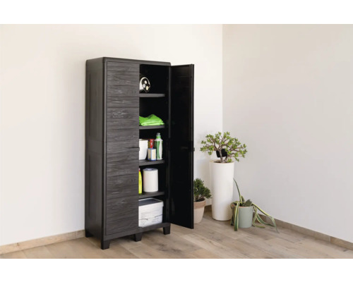 Armoire noire polyvalente avec porte ouverte et étagères pour divers objets.