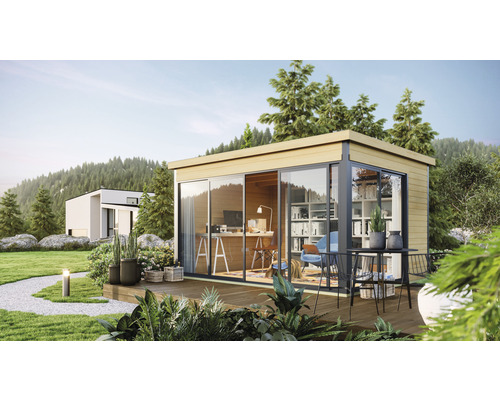 Chalet de jardin She Shed avec plancher et porte coulissante anthracite 418x322 cm naturel