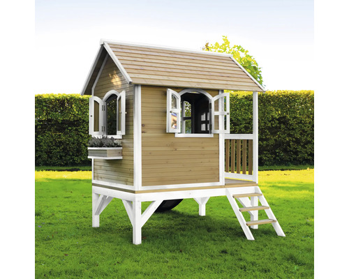 Spielhaus aus Holz mit Treppe und Fenster für den Garten