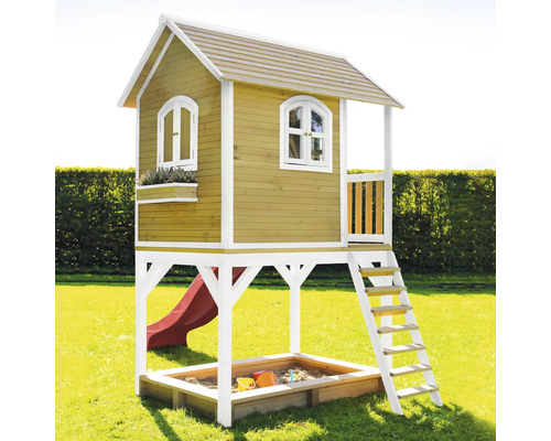 Maisonnette en bois avec bac à sable, toboggan et échelle pour enfants