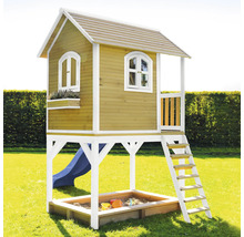 Cabane de jeu en bois avec toboggan, échelle et bac à sable