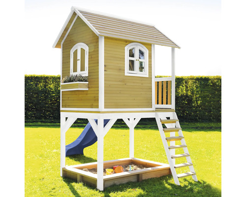 Cabane de jeu en bois avec toboggan, échelle et bac à sable
