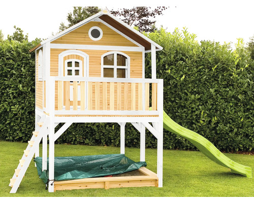 Cabane de jeux sur pilotis axi Marc 432 x 212 cm bois marron toboggan vert Cabane de jeu avec toboggan et bac à sable pour le jardin