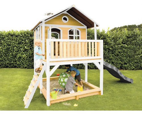 Cabane de jeux sur pilotis axi Marc 432 x 212 cm bois marron avec toboggan gris Cabane de jeu avec bac à sable et toboggan pour enfants dans le jardin