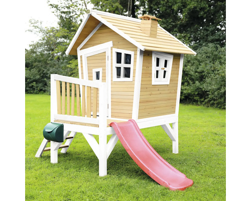 Spielhaus aus Holz mit Rutsche für den Garten